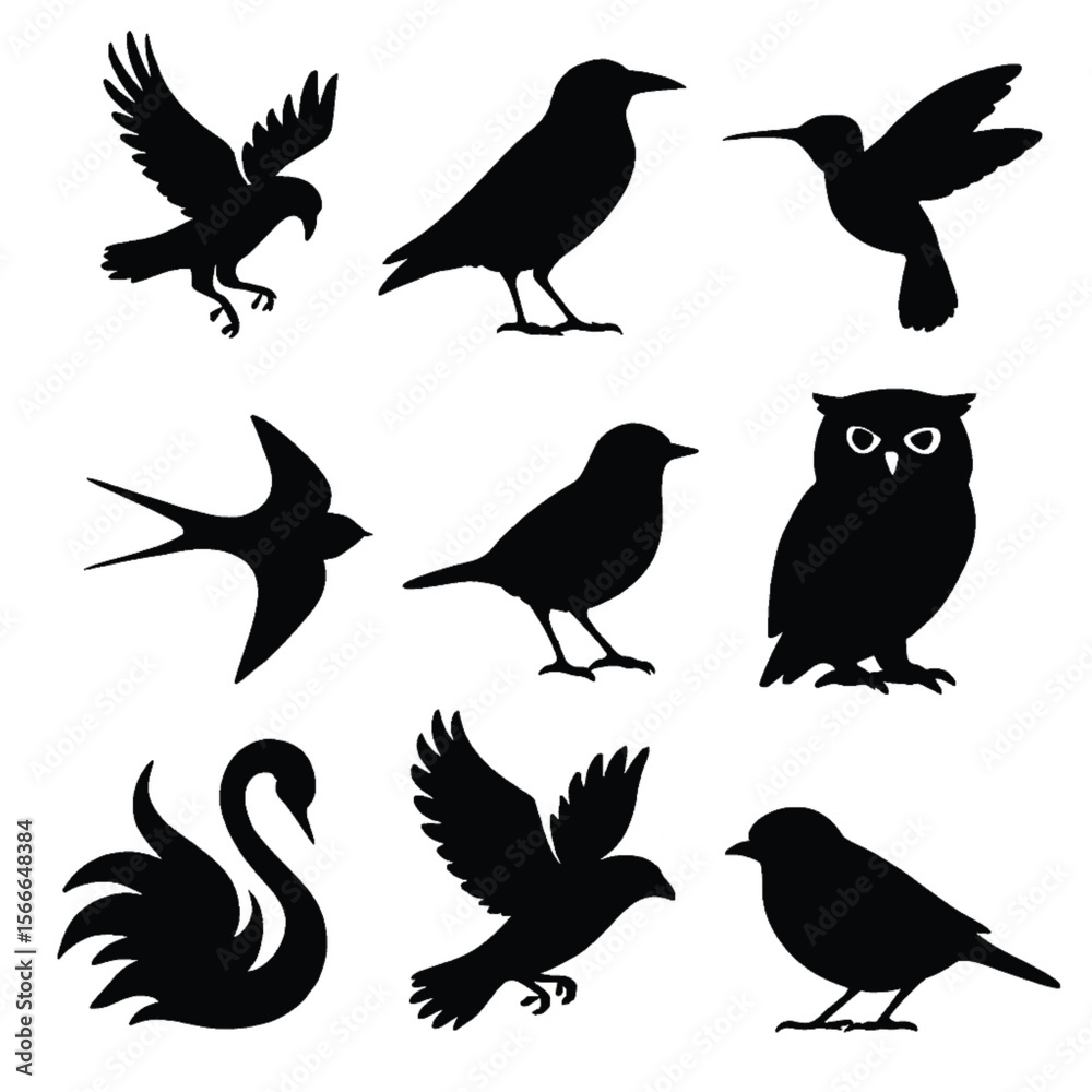 Obraz premium Collection of Nine Distinct Bird Silhouettes in Minimalist Grid Layout