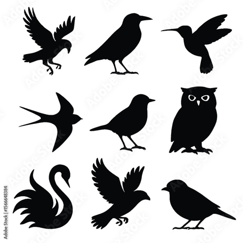 Collection of Nine Distinct Bird Silhouettes in Minimalist Grid Layout
