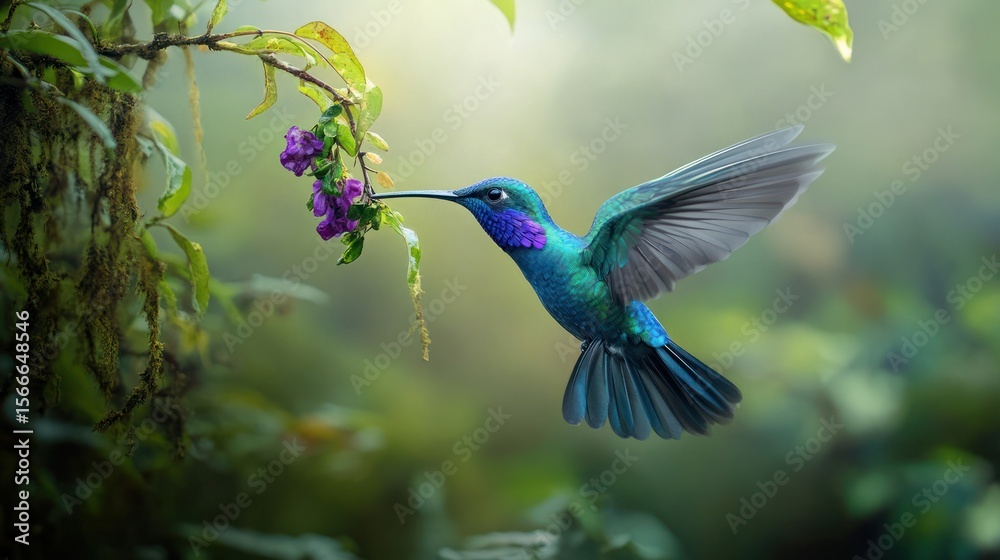 Naklejka premium A hummingbird in flight, feeding on a flower, amidst lush greenery