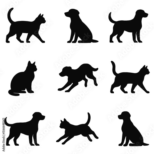 Black cat and dog silhouettes various poses animal