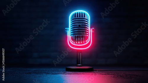 Neon microphone sign on dark wall for music podcast and entertainment themes