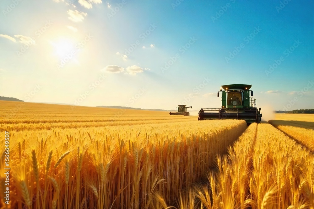 Fototapeta premium Golden wheat field under a summer sun, ripe for harvest Combines in the distance, ready to bring in the bounty A picturesque scene of rural agriculture , abundant harvest, farming life