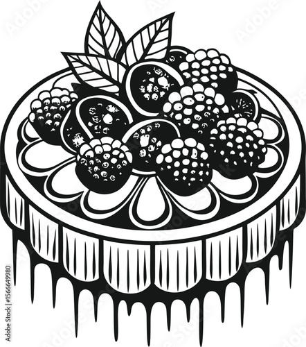 This collection of black and white images features illustrations of blueberry cakes, some showing a single slice and others a whole cake with berries and leaves