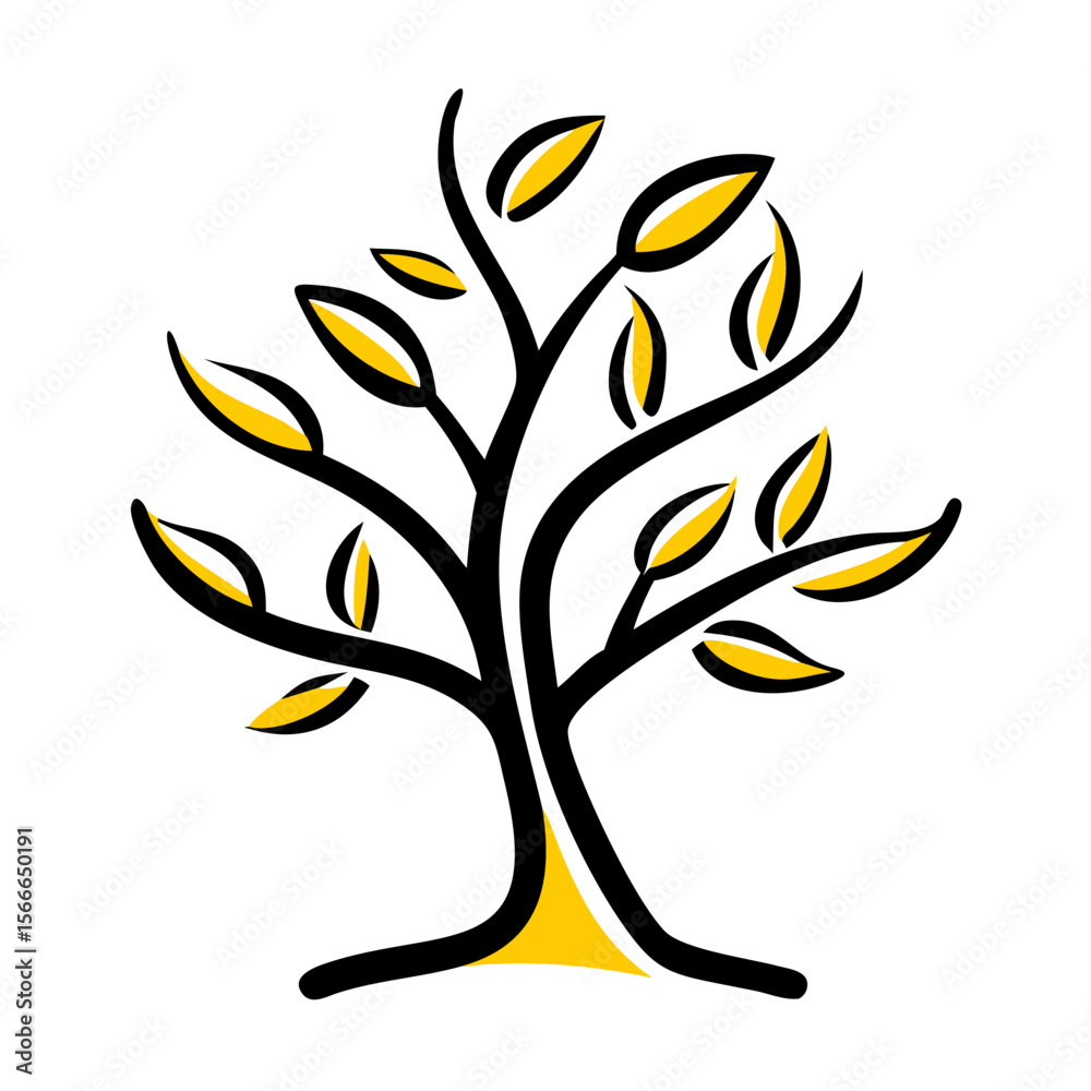 Obraz premium Abstract black tree with yellow leaves on a white background 