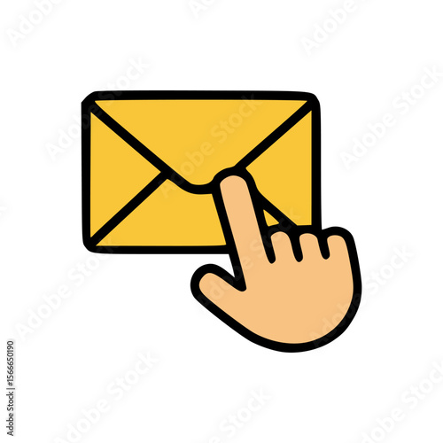 Flat design mail icon with hand gesture for digital messaging, newsletter interaction, or inbox communication concept