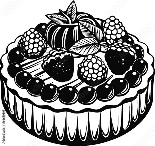 This collection of black and white images features illustrations of blueberry cakes, some showing a single slice and others a whole cake with berries and leaves