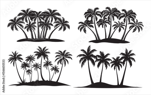 4 Palm Tree Silhouette Collection - Exotic Tropical Paradise Vacation Dream Islands Sun Sand Seascape Tranquil Scene Caribbean Holiday Getaway