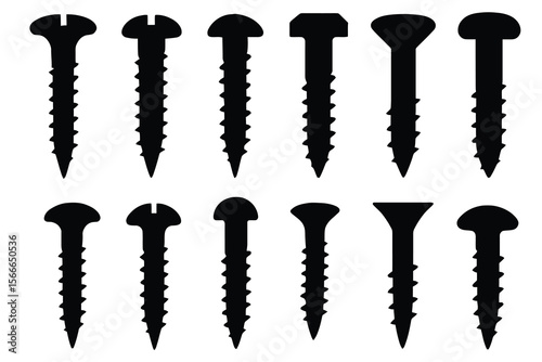 Black screw silhouettes with varied heads screws fasteners