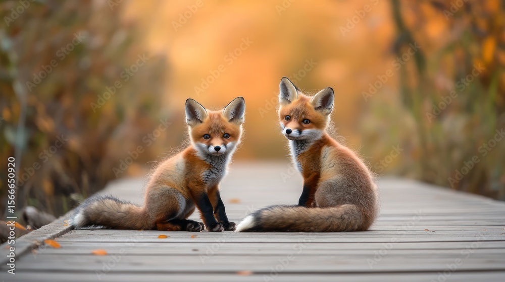 Naklejka premium Two red fox kits sit side-by-side on a wooden boardwalk, bathed in warm autumnal light. The background is blurred, showcasing fall foliage