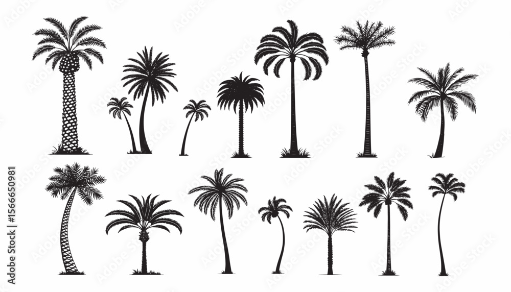 Fototapeta premium Collection of 14 Silhouetted Palm Trees in Varied Shapes and Sizes Tropical Flora Collection Exotic Vacation Vibes Artistic Palm Tree Variety Pack.