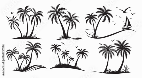 6 Tropical Paradise Black Silhouettes Serene Beach Scenes with Palm Trees Birds and Sailing Boat for Graphic Design.