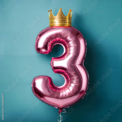 Number 3 Balloon with Gold Crown for Birthday Party