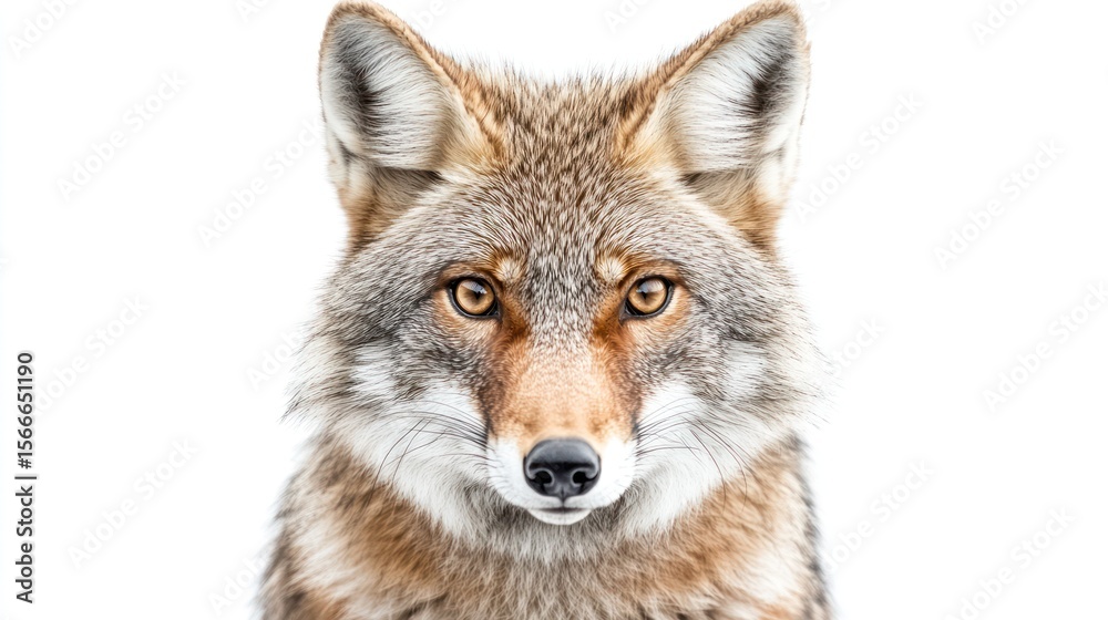 Fototapeta premium Up-close portrait of a coyote's face showing keen eyes and detailed fur against white