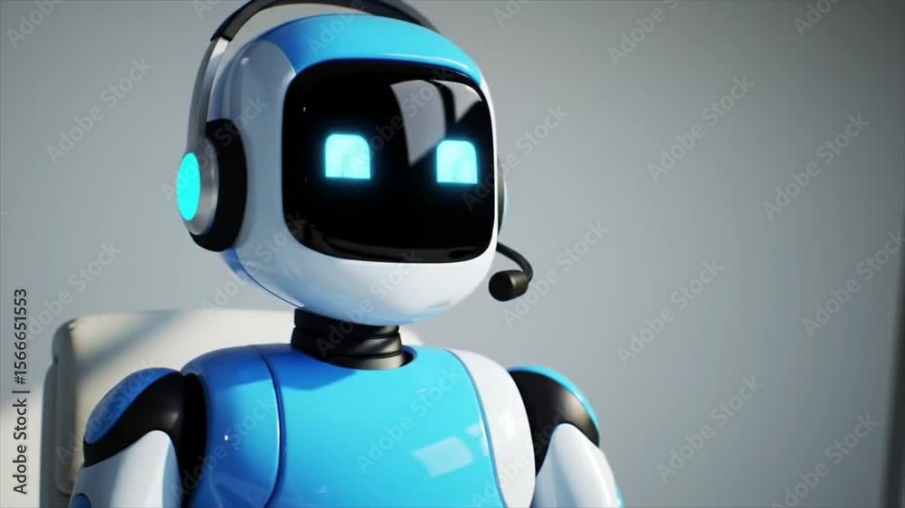 Customer Service Robot Wears Headset, Offering Assistance in a Modern Office, Artificial intelligence, chatbot, futuristic, with copy space.