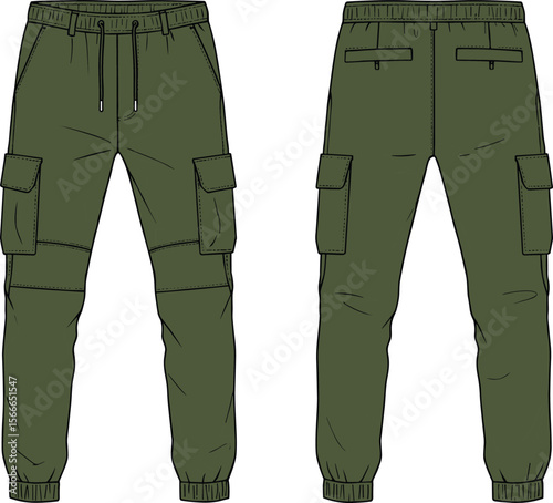 cad drawing flat vector illustration, cargo jogger pants technical sketch, menswear fashion design template, utility trousers elastic hem
