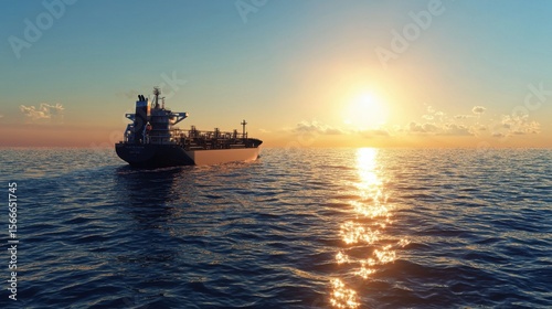 A large ship is sailing in the ocean at sunset