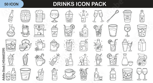 Hand-Drawn Drink Icons for Beverage Design - Set of 50 hand-drawn drink icons featuring coffee, cocktails, juices, wine, soda, and tea. Ideal for menus and branding.