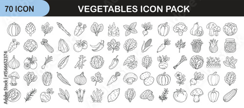 Hand-Drawn Vegetable Icon Set for Design Use - Collection of 70 hand-drawn vegetable icons in outline style, perfect for healthy food, nutrition, menu, or farming-themed designs.