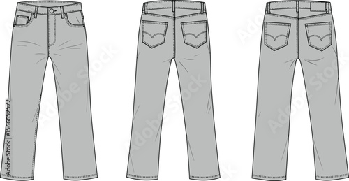 cad drawing flat vector illustration, denim jeans technical sketch front back view, casual straight fit pants fashion design