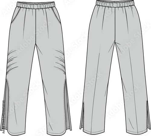 cad drawing flat vector illustration, elastic waist slit pants, fashion design template, womenswear trousers technical sketch, casual wear bottom