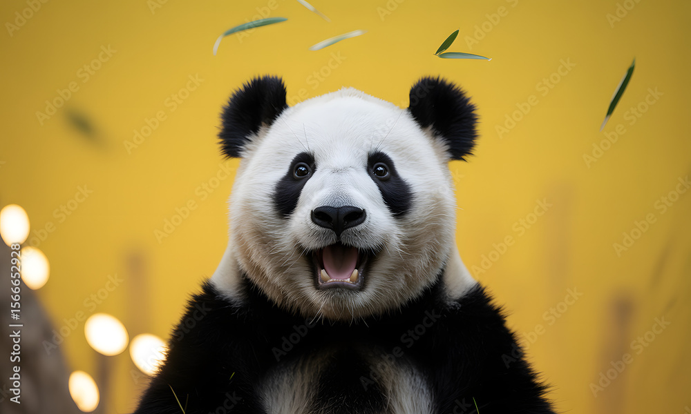 Fototapeta premium Happy panda portrait against yellow background
