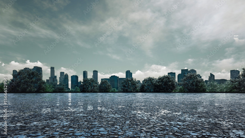 Obraz premium A slightly desaturated view of a metropolitan skyline under a dramatic, cloudy sky, with a textured ground in the foreground and sparse greenery. Evokes a classic, slightly moody urban atmosphere