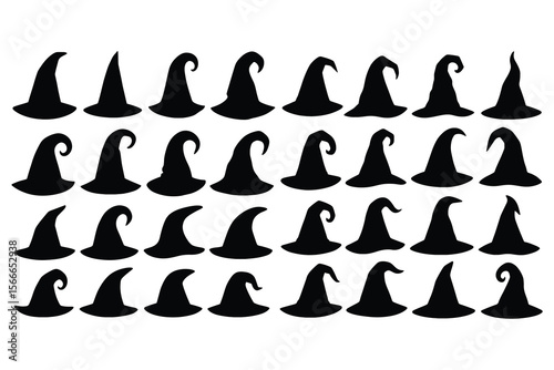 Black witch hats collection silhouette halloween conical