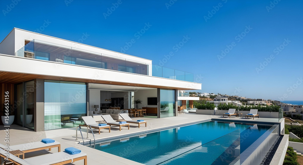 Obraz premium Modern summer villa with infinity pool and rooftop terrace view 