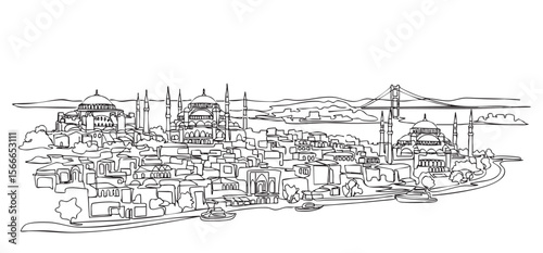 Istanbul, Turkey city cityscape one continuous line drawing vector illustration