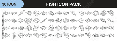 Hand Drawn Fish Icon Set for Design - A collection of 30 hand-drawn fish and sea creature icons in black and white, ideal for web, apps, or packaging.