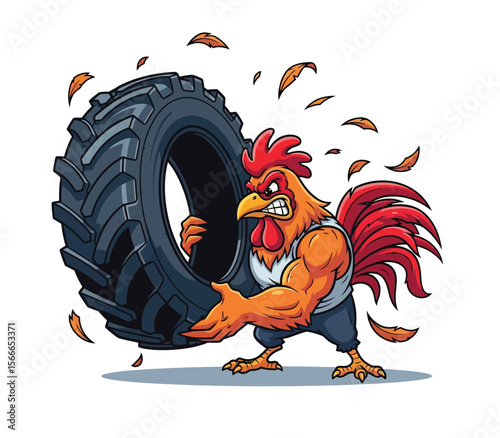 A hyper-realistic image of a muscular rooster bursting through a gym wall, flexing its powerful biceps and pecs, feathers ruffled.