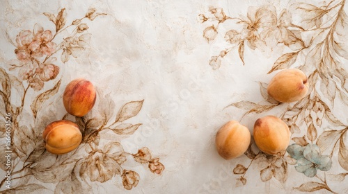 Peaches on a floral tablecloth