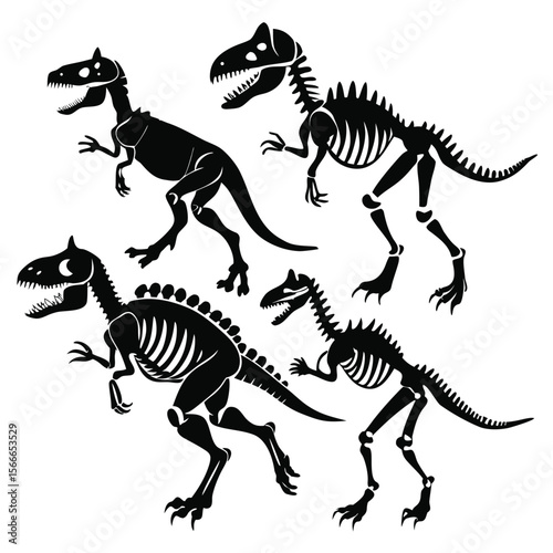 Six Isolated Black and White Dinosaur Skeletons