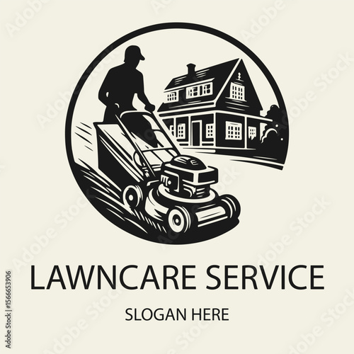 Black and white flat vector illustration of a lawn care logo. A man mowing grass in front of a house. Clean, minimal silhouette design for landscaping and gardening services.