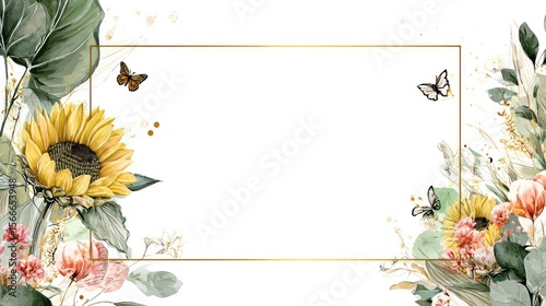 Floral frame with sunflowers and butterflies