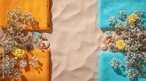 Beach towels on sand, adorned with flowers and shells