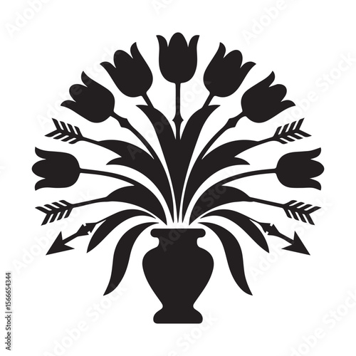 Black floral arrangement with arrows white vase