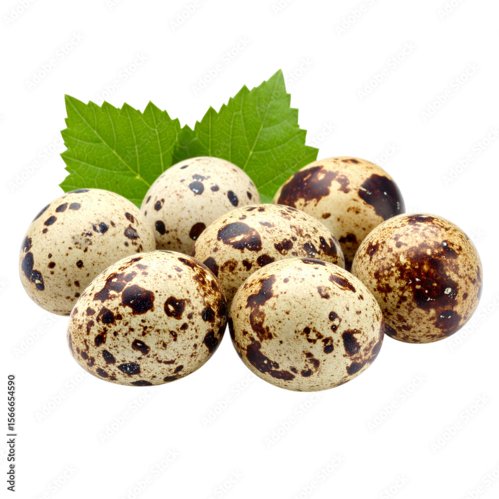Obraz premium Seven speckled quail eggs arranged with two green leaves placed behind them.