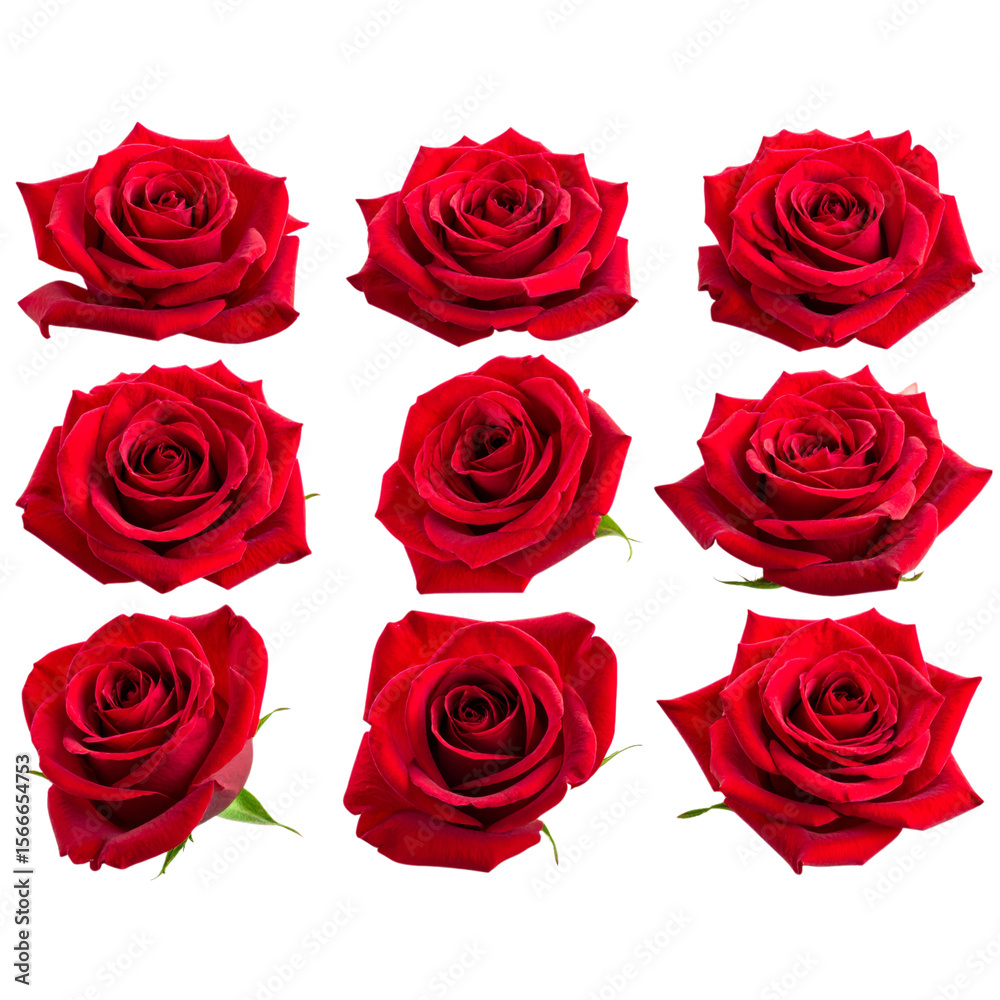 Fototapeta premium Nine vibrant red roses in full bloom arranged in a grid pattern, showcasing their velvety petals and intricate spirals.