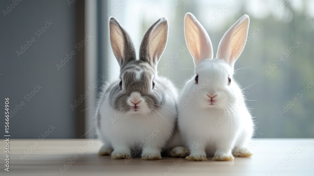 Fototapeta premium Two bunnies, one grey and white, one white, sit side-by-side on a wooden surface