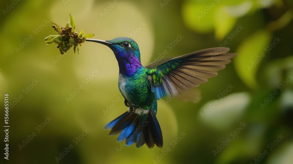 Fototapeta premium Vibrant hummingbird in flight, taking nectar from a flower