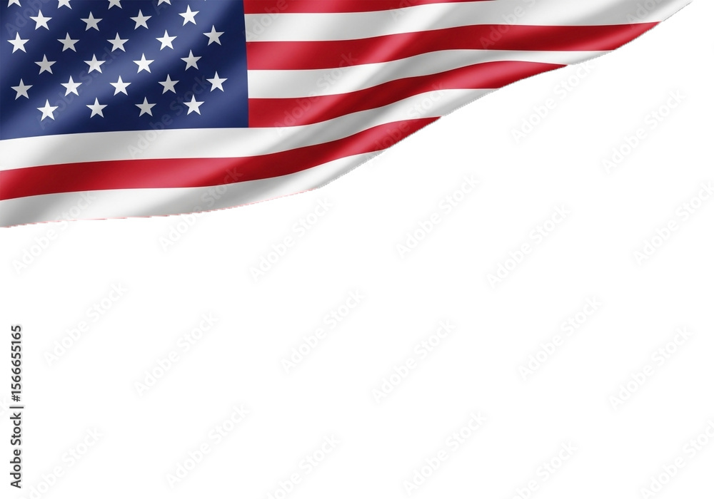 Fototapeta premium A United States flag, draped and flowing, occupies the upper left quadrant of the image