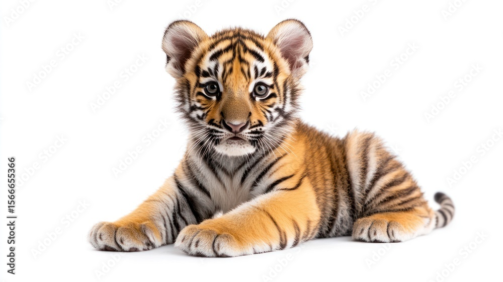 Fototapeta premium A baby tiger cub lies down, facing the viewer, on a plain white backdrop