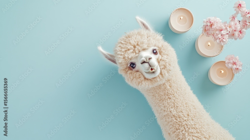 Fototapeta premium An alpaca plush toy, candles, and pink blossoms on a soft blue background