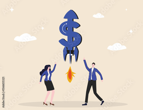 Business growth rising revenue concept  a happy businessman, company owner, investor celebrates increasing profits and investments, symbolized by a dollar sign launching like a rocket into the sky