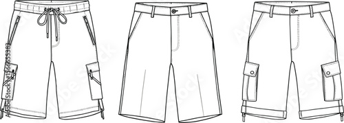 cad drawing flat vector illustration, men’s cargo shorts design, technical fashion sketch, casual summer wear, stylish apparel template, editable
