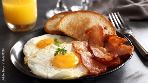 Delicious Breakfast of Fried Eggs, Crispy Bacon and Buttery Toast