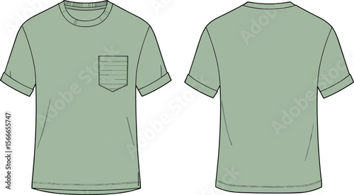 cad drawing flat vector illustration, men’s rolled sleeve pocket t-shirt technical sketch, casual fashion apparel design template, front back view