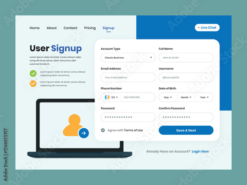 Account signup or registration form design with web header and laptop illustration