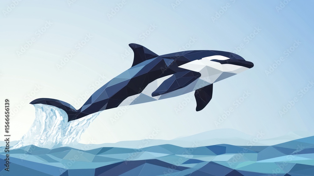 Fototapeta premium Geometric orca leaps from stylized blue water against a light gradient sky